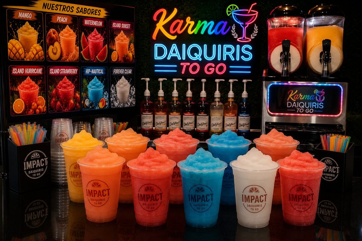 Frozen daiquiris to-go in multiple flavors at Karma Smoke Shop Houston