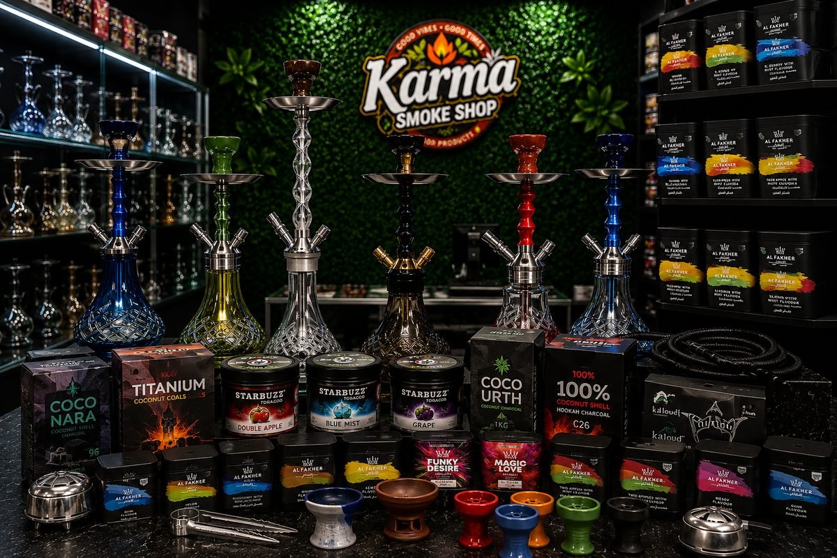 Hookah supplies, shisha flavors, and accessories at Karma Smoke Shop Houston